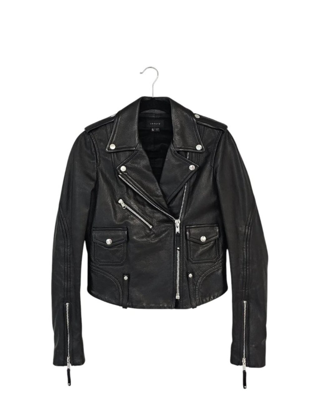 Theory Adashi 100% Cow Black Leather Y2K Biker Moto Jacket Petite Preowned - Picture 6 of 12
